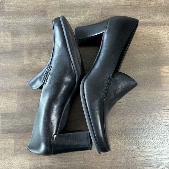 Franco Sarto Leather Nolan Pump 9.5M Black Loafer Heel Slip On Timeless Minimal - Picture 5 of 10